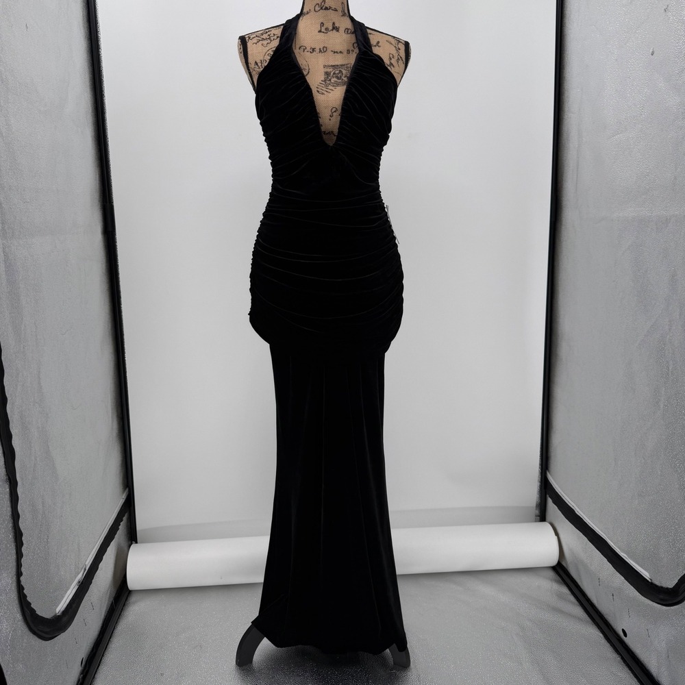 NWT Bardot Elvira Halter Velvet Ruched Maxi Dress Black US 4